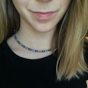 necklace w/blue gems & silver finished metal
